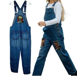 GAP Light Blue Denim Overalls Up Cycled with Hand Crafted Owl‎ Appliqué -Small